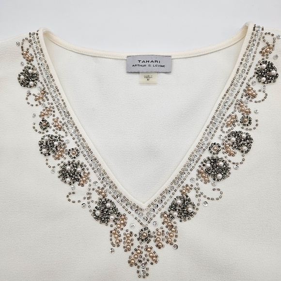 NWT Tahari (Arthur S. Levine) Ivory Beaded Tank Top V-Neck Medium - Picture 2 of 4